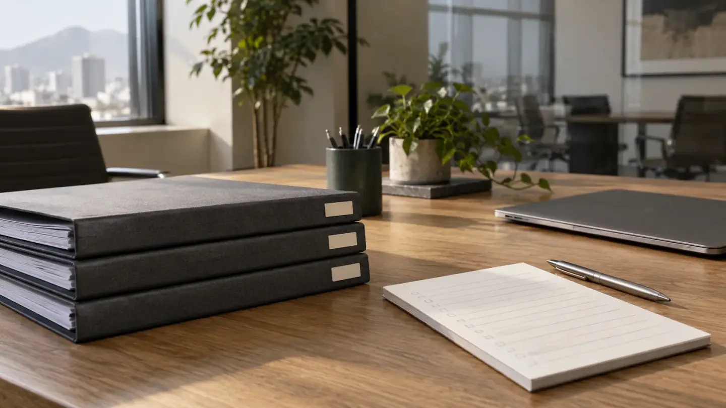 Folders and a review checklist organized for business compliance.