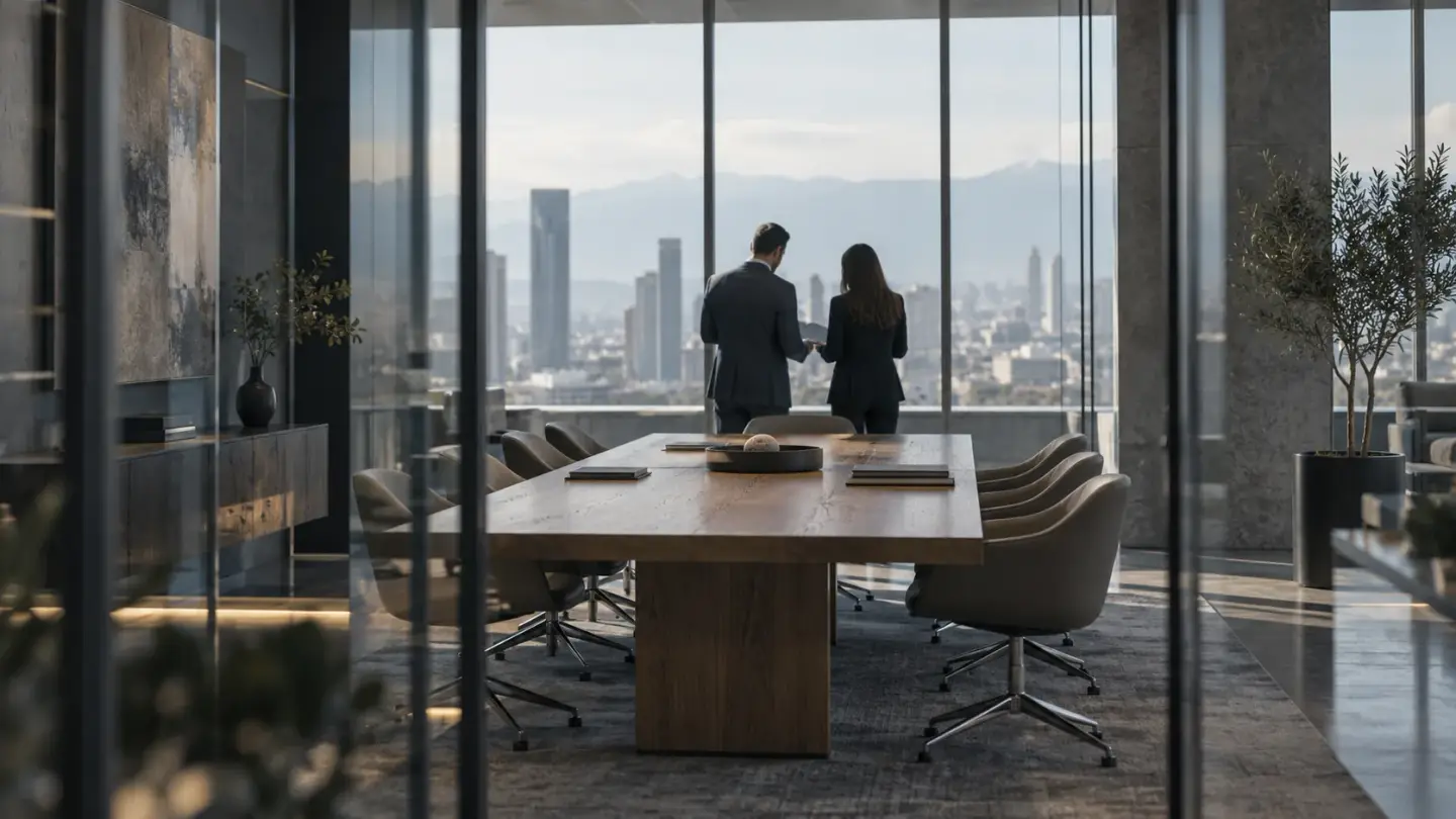 An oak and glass meeting room in natural daylight.