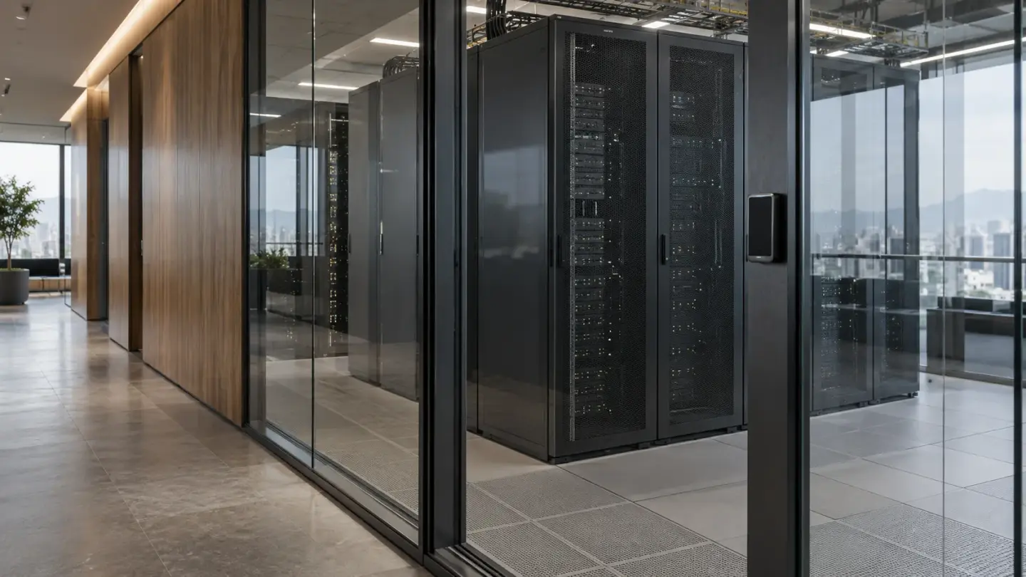 A secured server room with access control in a contemporary office.