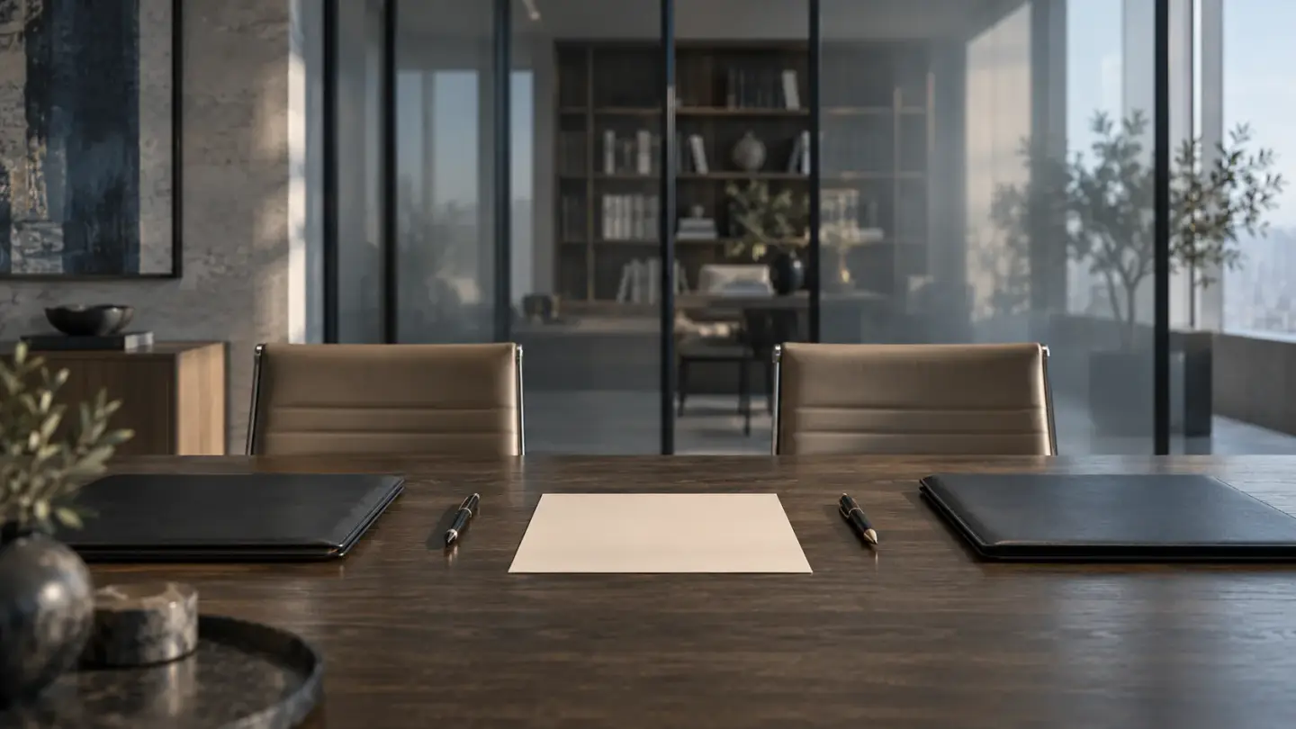 A negotiation table prepared with folders and documents.