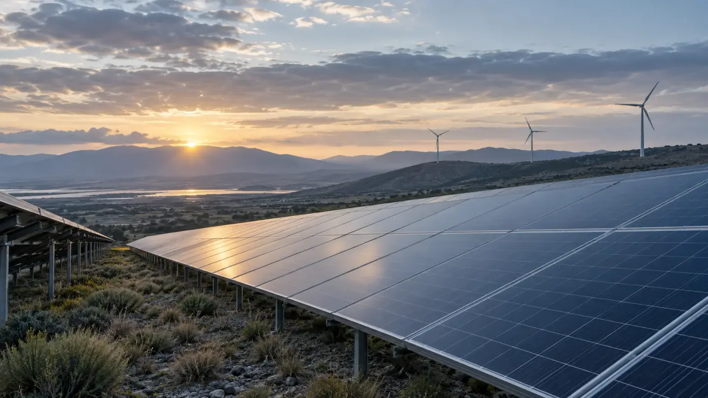 Solar panels and wind turbines in an open landscape.