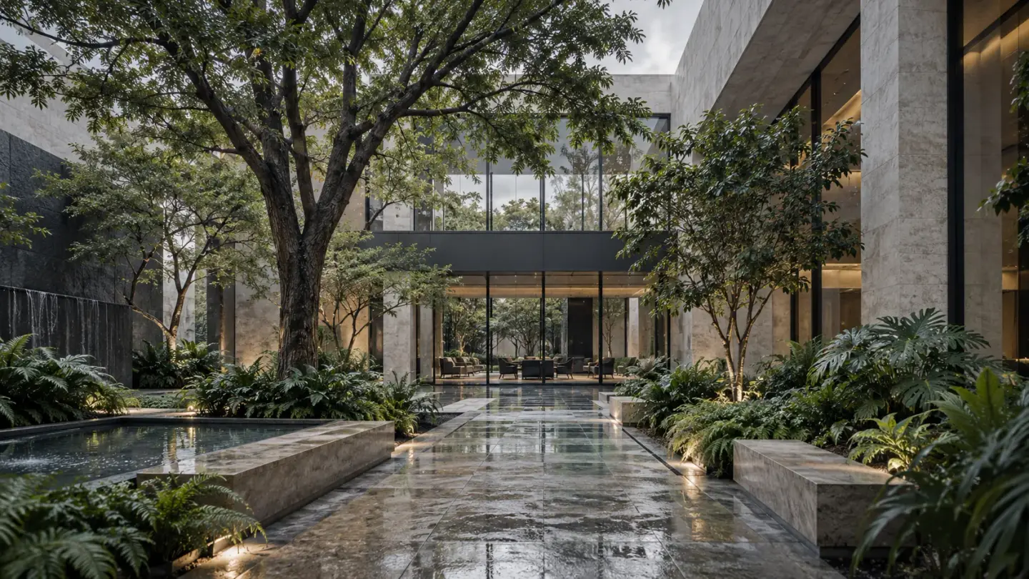 Planting and contemporary architecture in a naturally lit courtyard.