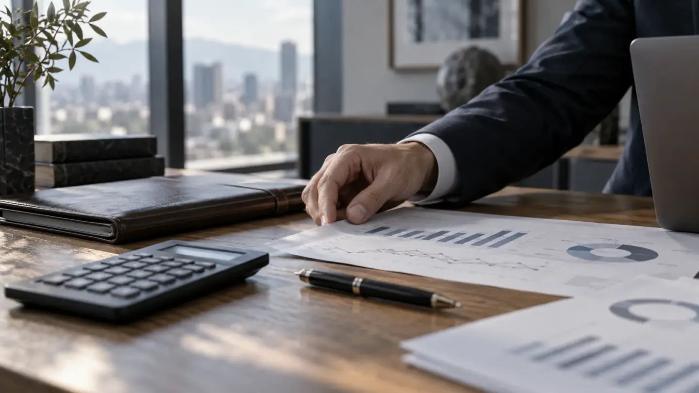 Planning documents and analytical tools on a desk.
