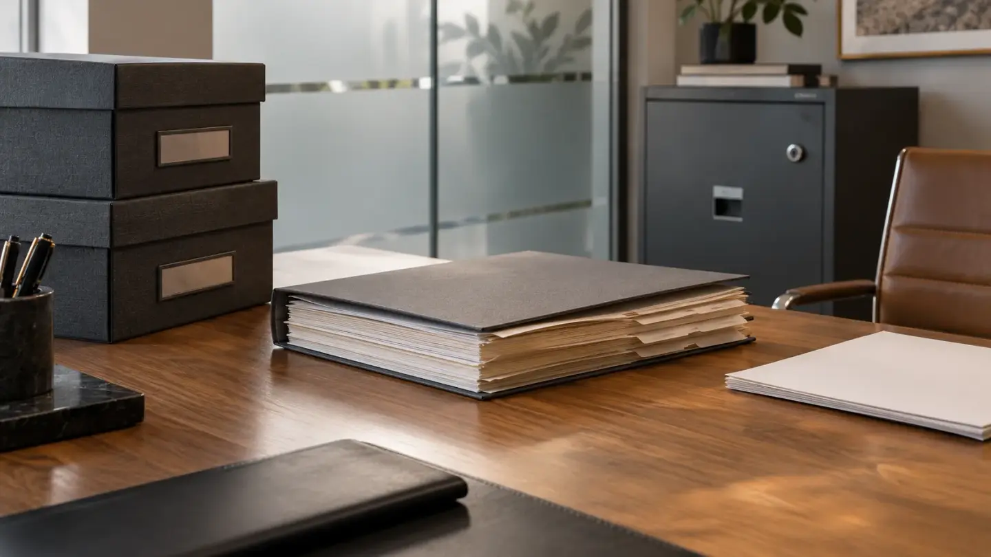 Case files and secured storage for a confidential review of business matters.