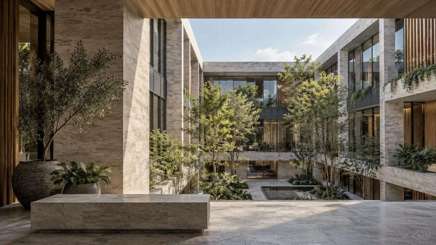 A contemporary building with a central courtyard and trees.