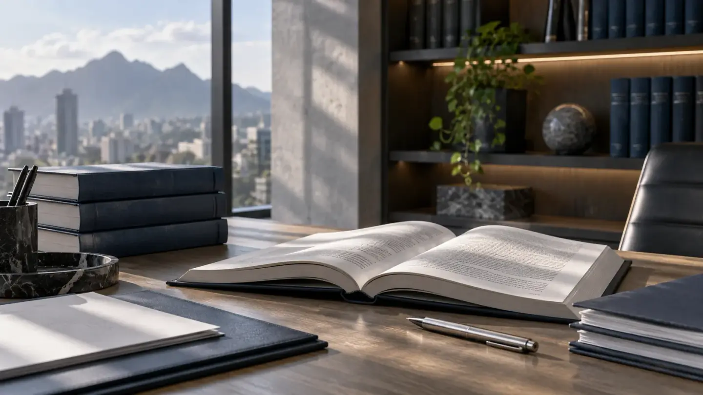 Reference books and documents arranged for legal research.