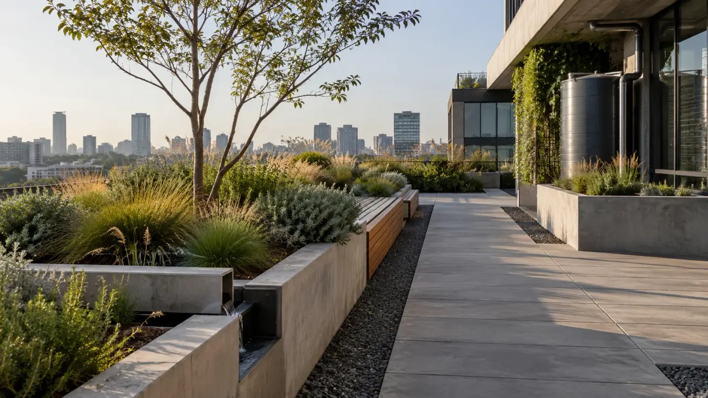 A planted rooftop with rainwater collection infrastructure at a commercial building.