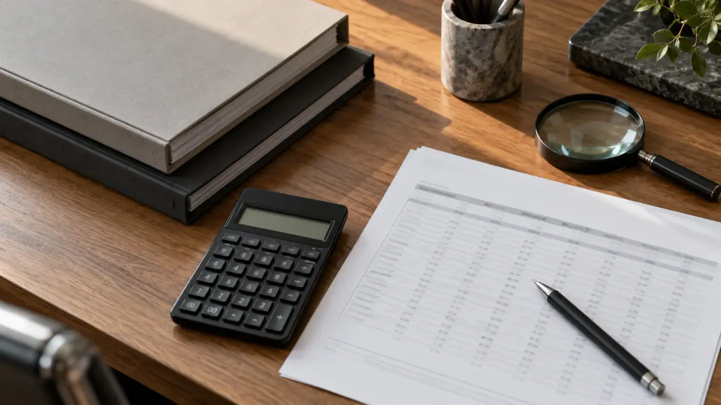 A calculator, reports and documents prepared for tax analysis.