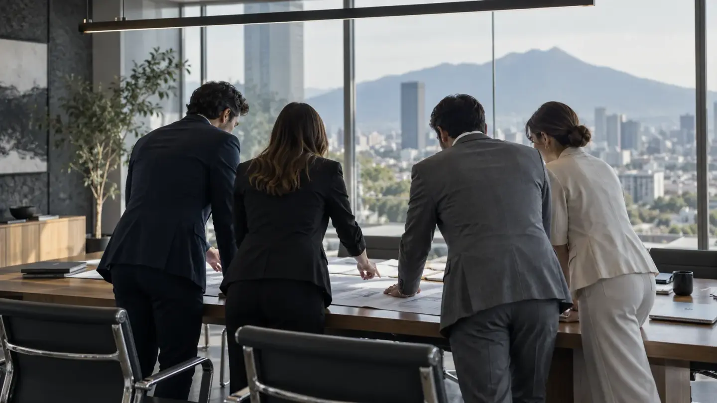 A conceptual scene of professionals collaborating around a table.