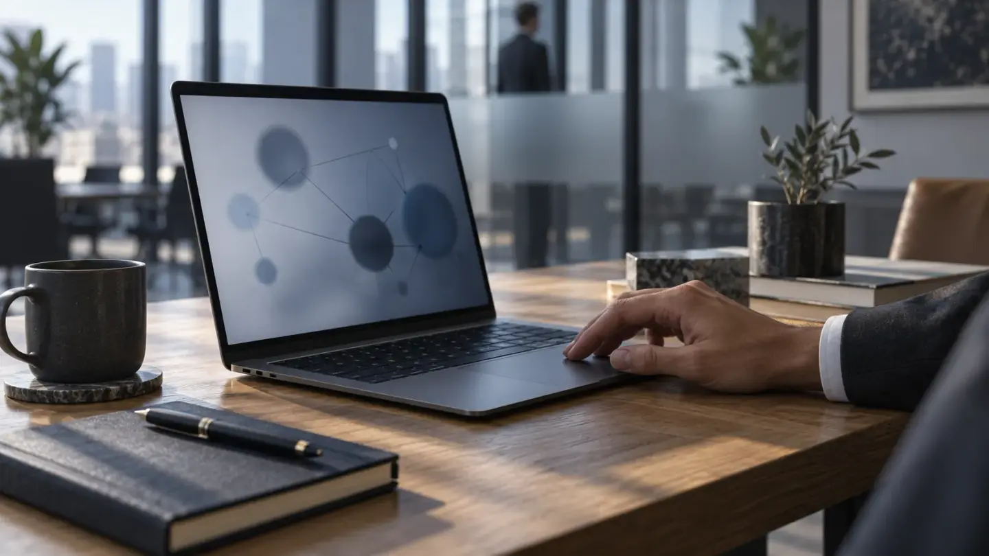 A laptop and tools for reviewing business information.