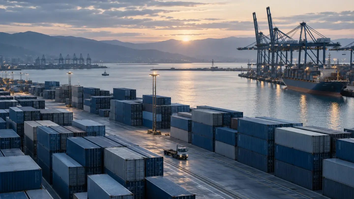 Cranes and containers at an international trading port.